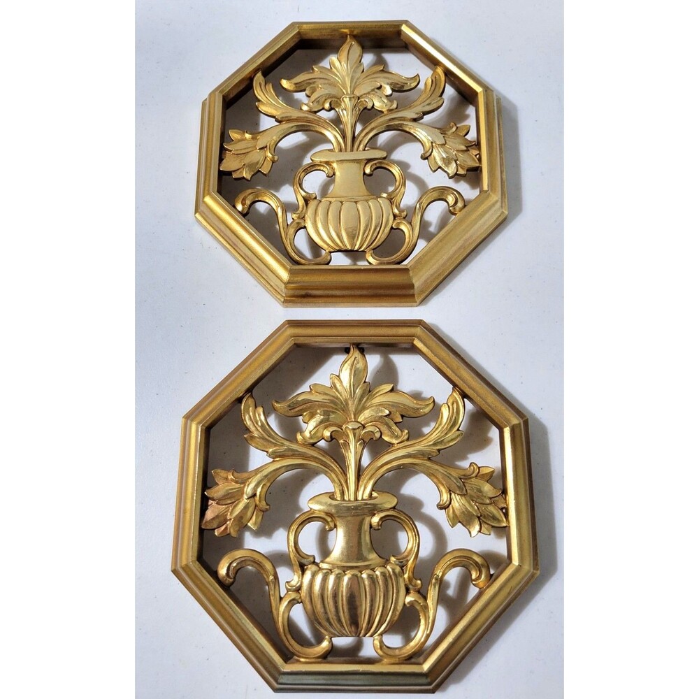 Vintage Pair Of Syroco Gold Floral Octagon Wall Plaques 9.5" USA 1960s  MCM